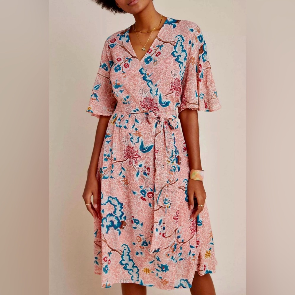 Anthropologie Maeve Adelaide Floral Wrap Dress Sheer With Slip Size XXSP Midi